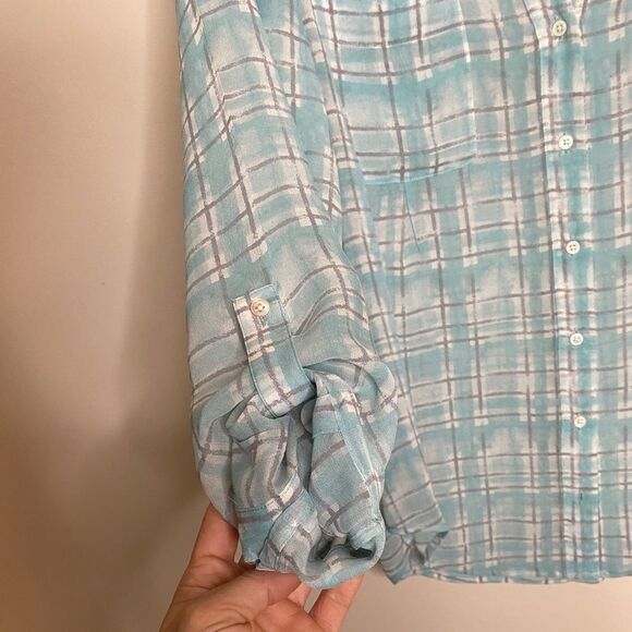 Joie Blue Plaid Silk Button Down Top - Picture 4 of 6